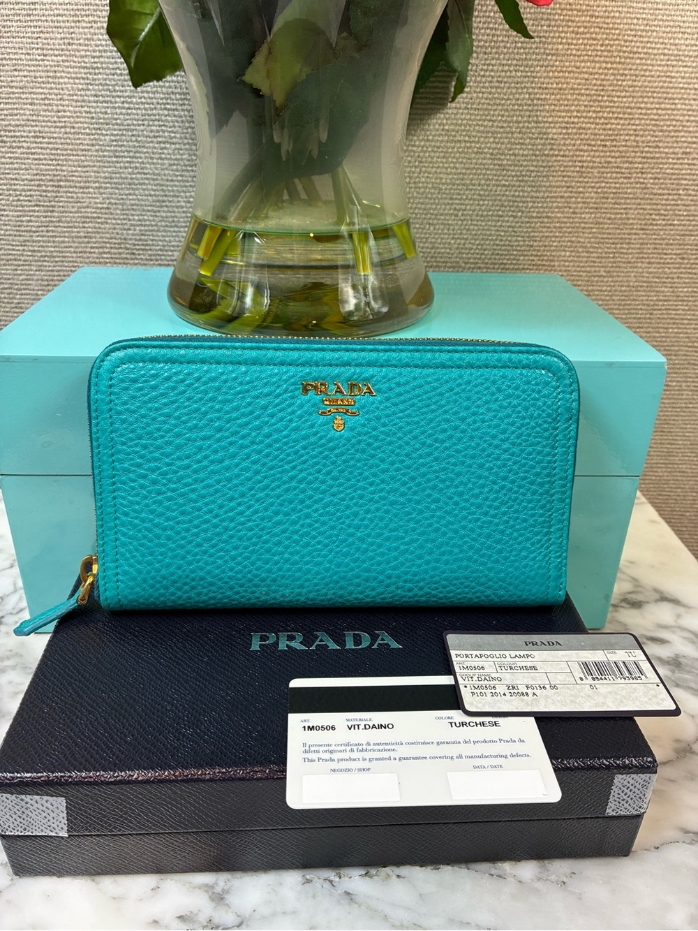 Prada Turchese Turquoise Pebbled Leather Vitello Daino Zip Around Wallet